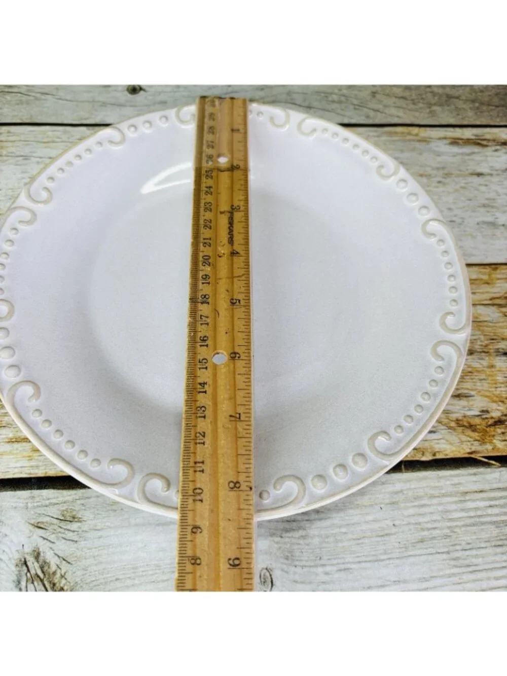 Pier 1 NATALIA Cream Embossed Dots & Scrolls Stoneware Salad Lunch Plates Set 2